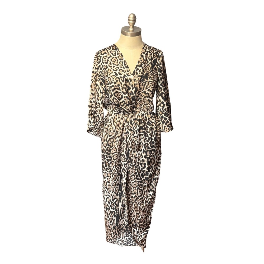 Lucca Leopard Print Faux Wrap Midi Dress Elastic Waist Tulip Hem Small NWT